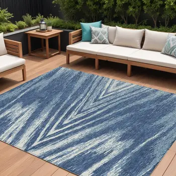 8' X 10' Blue And Ivory Abstract Washable Indoor Outdoor Area Rug