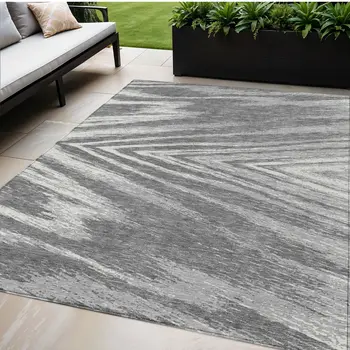 5' X 8' Gray And Ivory Abstract Washable Indoor Outdoor Area Rug