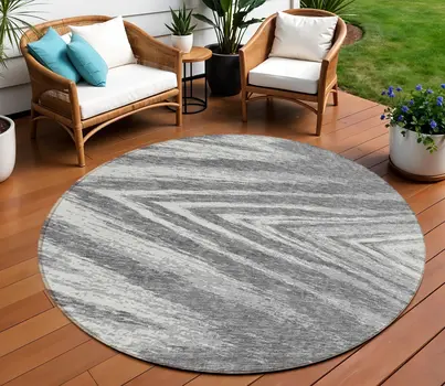 8' Gray And Ivory Round Abstract Washable Indoor Outdoor Area Rug