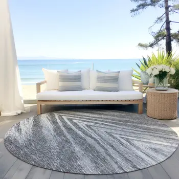 8' Gray And Ivory Round Abstract Washable Indoor Outdoor Area Rug