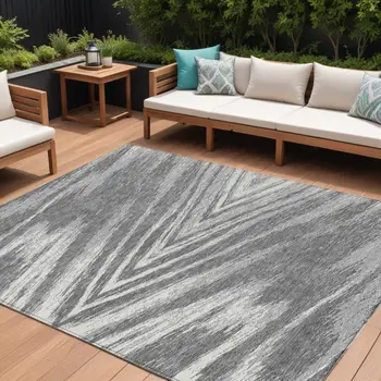 9' X 12' Gray And Ivory Abstract Washable Indoor Outdoor Area Rug