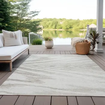 9' X 12' Ivory And Beige Abstract Washable Indoor Outdoor Area Rug