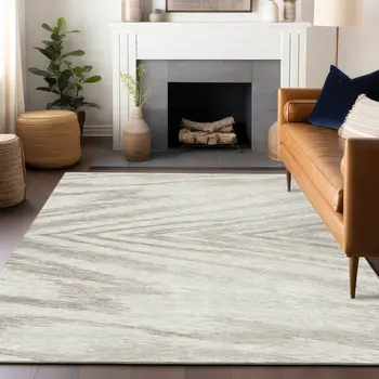 9' X 12' Ivory And Beige Abstract Washable Indoor Outdoor Area Rug