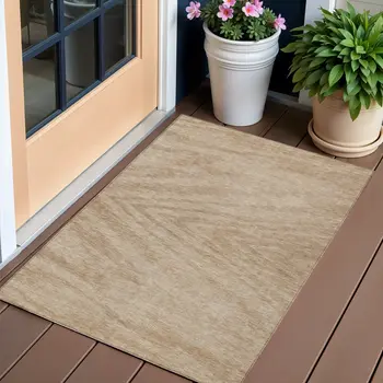 3' X 5' Khaki And Brown Abstract Washable Indoor Outdoor Area Rug