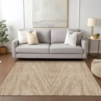 3' X 5' Khaki And Brown Abstract Washable Indoor Outdoor Area Rug