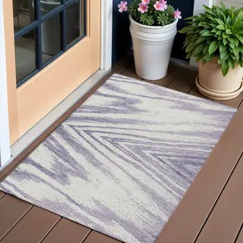 3' X 5' Lavender And Ivory Abstract Washable Indoor Outdoor Area Rug