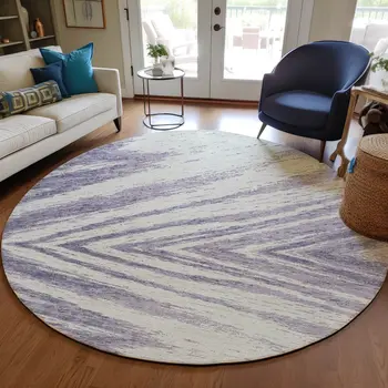 8' Lavender And Ivory Round Abstract Washable Indoor Outdoor Area Rug