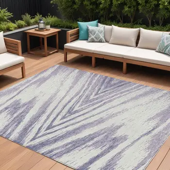 9' X 12' Lavender And Ivory Abstract Washable Indoor Outdoor Area Rug