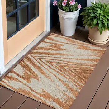 3' X 5' Orange Brown And Beige Abstract Washable Indoor Outdoor Area Rug