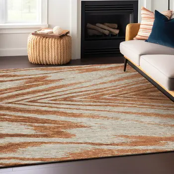3' X 5' Orange Brown And Beige Abstract Washable Indoor Outdoor Area Rug