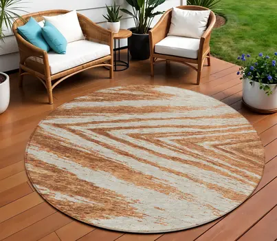 8' Orange Brown And Beige Round Abstract Washable Indoor Outdoor Area Rug