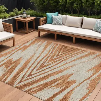 8' X 10' Orange Brown And Beige Abstract Washable Indoor Outdoor Area Rug