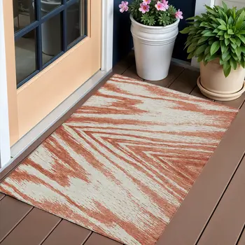 3' X 5' Salmon And Ivory Abstract Washable Indoor Outdoor Area Rug