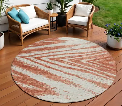 8' Salmon And Ivory Round Abstract Washable Indoor Outdoor Area Rug