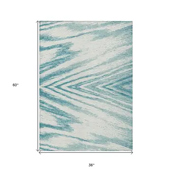3' X 5' Teal Blue And Ivory Abstract Washable Indoor Outdoor Area Rug