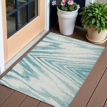 3' X 5' Teal Blue And Ivory Abstract Washable Indoor Outdoor Area Rug