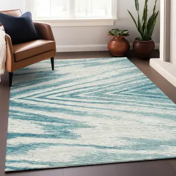 3' X 5' Teal Blue And Ivory Abstract Washable Indoor Outdoor Area Rug
