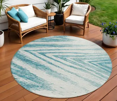 8' Teal Blue And Ivory Round Abstract Washable Indoor Outdoor Area Rug