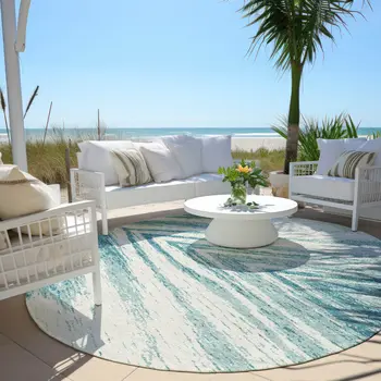 8' Teal Blue And Ivory Round Abstract Washable Indoor Outdoor Area Rug
