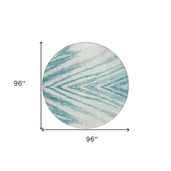 8' Teal Blue And Ivory Round Abstract Washable Indoor Outdoor Area Rug