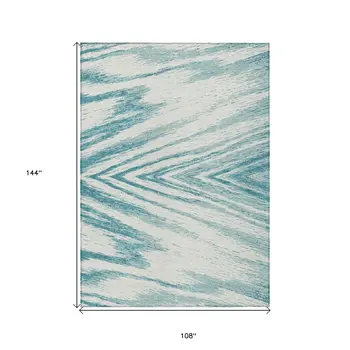 9' X 12' Teal Blue And Ivory Abstract Washable Indoor Outdoor Area Rug