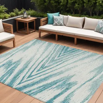 10' X 14' Teal Blue And Ivory Abstract Washable Indoor Outdoor Area Rug