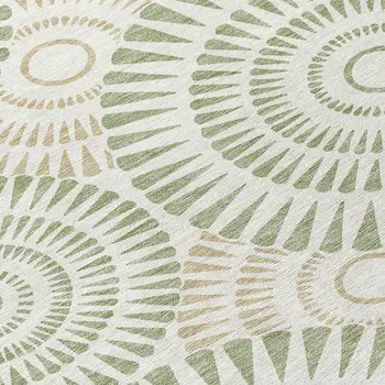 8' Artichoke Green Brown And Beige Round Geometric Washable Indoor Outdoor Area Rug