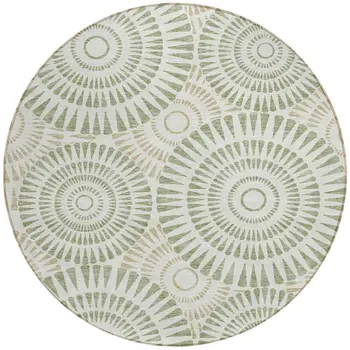 8' Artichoke Green Brown And Beige Round Geometric Washable Indoor Outdoor Area Rug