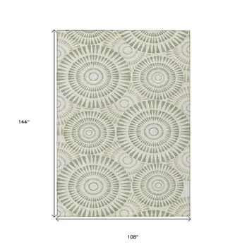 9' X 12' Artichoke Green Brown And Beige Geometric Washable Indoor Outdoor Area Rug