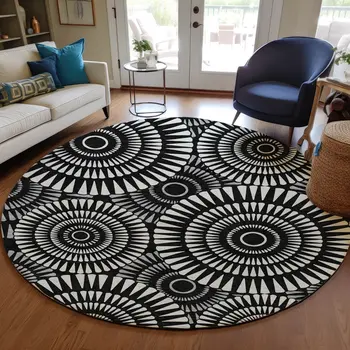 8' Black And Ivory Round Geometric Washable Indoor Outdoor Area Rug