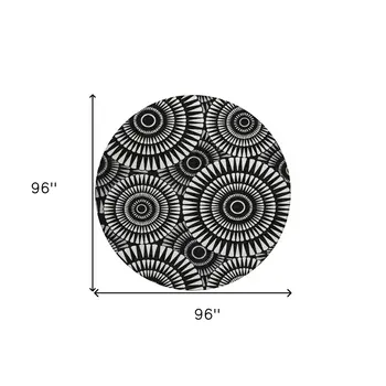 8' Black And Ivory Round Geometric Washable Indoor Outdoor Area Rug