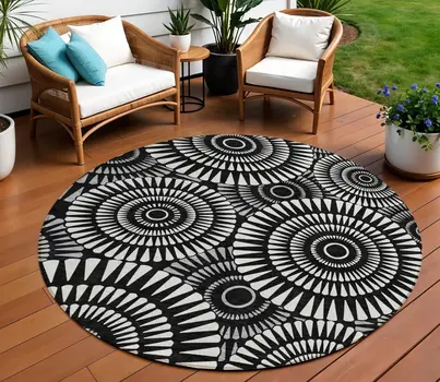 8' Black And Ivory Round Geometric Washable Indoor Outdoor Area Rug