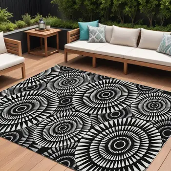 10' X 14' Black And Ivory Geometric Washable Indoor Outdoor Area Rug