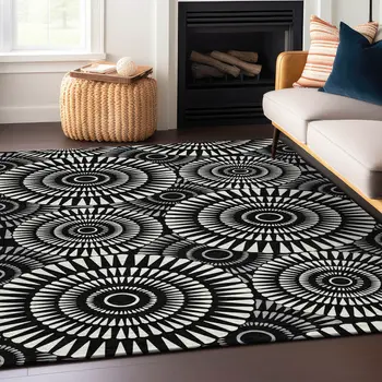 10' X 14' Black And Ivory Geometric Washable Indoor Outdoor Area Rug