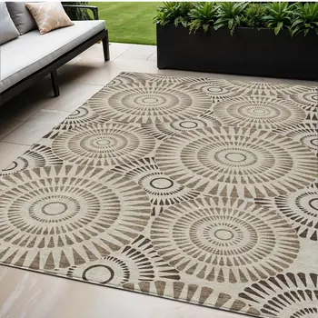 5' X 8' Brown And Beige Geometric Washable Indoor Outdoor Area Rug
