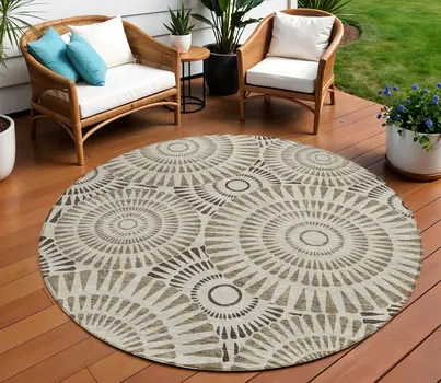8' Brown And Beige Round Geometric Washable Indoor Outdoor Area Rug
