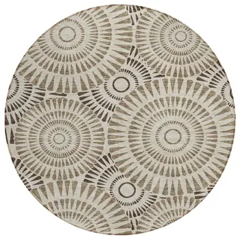 8' Brown And Beige Round Geometric Washable Indoor Outdoor Area Rug