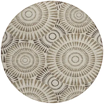 8' Brown And Beige Round Geometric Washable Indoor Outdoor Area Rug