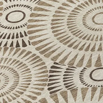 8' Brown And Beige Round Geometric Washable Indoor Outdoor Area Rug