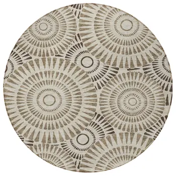 8' Brown And Beige Round Geometric Washable Indoor Outdoor Area Rug