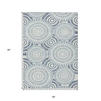 3' X 5' Blue And Ivory Geometric Washable Indoor Outdoor Area Rug