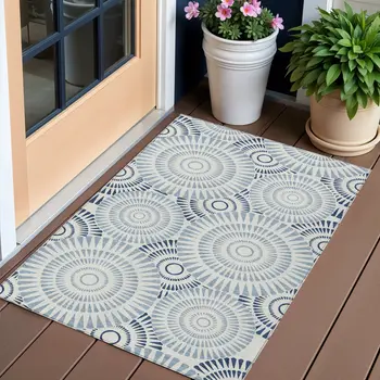 3' X 5' Blue And Ivory Geometric Washable Indoor Outdoor Area Rug