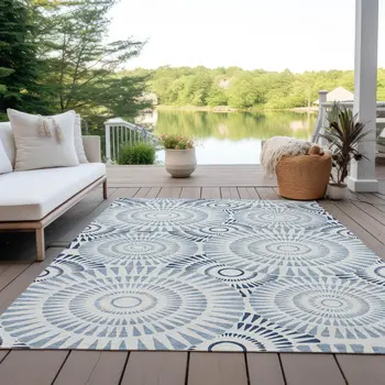 3' X 5' Blue And Ivory Geometric Washable Indoor Outdoor Area Rug