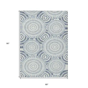 5' X 8' Blue And Ivory Geometric Washable Indoor Outdoor Area Rug