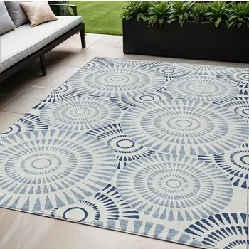 5' X 8' Blue And Ivory Geometric Washable Indoor Outdoor Area Rug