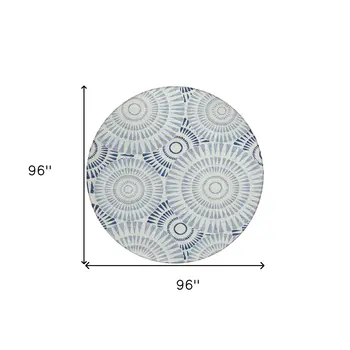 8' Blue And Ivory Round Geometric Washable Indoor Outdoor Area Rug