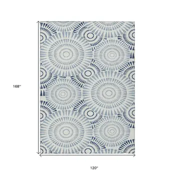 10' X 14' Blue And Ivory Geometric Washable Indoor Outdoor Area Rug