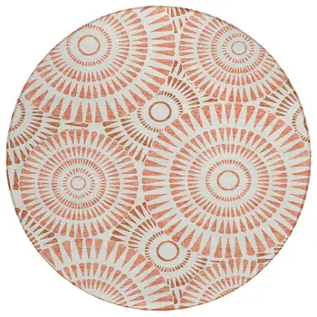 8' Coral And Ivory Round Geometric Washable Indoor Outdoor Area Rug