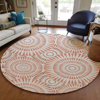 8' Coral And Ivory Round Geometric Washable Indoor Outdoor Area Rug