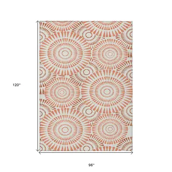 8' X 10' Coral And Ivory Geometric Washable Indoor Outdoor Area Rug